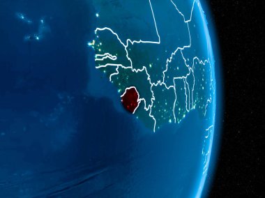 Sierra Leone görünür sınır çizgileri ve şehir ışıkları ile gece Dünya gezegeninin yörüngeden. 3D çizim. Nasa tarafından döşenmiş bu görüntü unsurları.