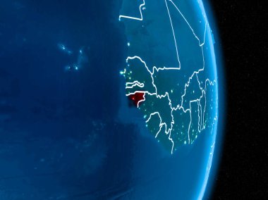 Gine-Bissau görünür sınır çizgileri ve şehir ışıkları ile gece Dünya gezegeninin yörüngeden. 3D çizim. Nasa tarafından döşenmiş bu görüntü unsurları.