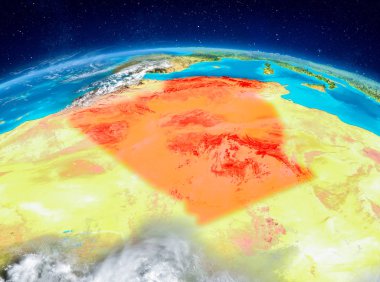 Yörünge görünümü Cezayir Planet Earth son derece detaylı yüzey dokuları ile kırmızı vurgulanır. 3D çizim. Nasa tarafından döşenmiş bu görüntü unsurları.