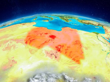 Yörünge görünümü Libya Planet Earth son derece detaylı yüzey dokuları ile kırmızı vurgulanır. 3D çizim. Nasa tarafından döşenmiş bu görüntü unsurları.