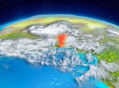 Yörünge görünümü Benin Planet Earth son derece detaylı yüzey dokuları ile kırmızı vurgulanır. 3D çizim. Nasa tarafından döşenmiş bu görüntü unsurları.