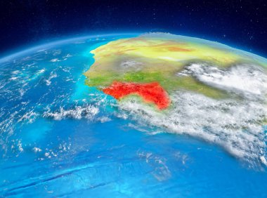 Yörünge görünümü Gine kırmızı Planet Earth son derece detaylı yüzey dokuları ile vurgulanır. 3D çizim. Nasa tarafından döşenmiş bu görüntü unsurları.