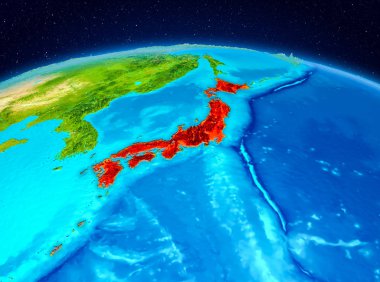 Japonya'nın uydu görüntüsü Planet Earth kırmızı vurgulanır. 3D çizim. Nasa tarafından döşenmiş bu görüntü unsurları.