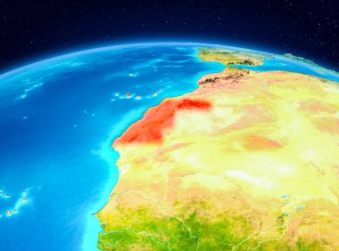 Uydu Görünümü Batı Sahra Planet Earth kırmızı vurgulanır. 3D çizim. Nasa tarafından döşenmiş bu görüntü unsurları.
