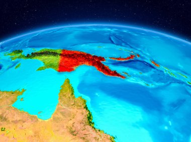 Uydu görünümü, Papua Yeni Gine Planet Earth kırmızı vurgulanır. 3D çizim. Nasa tarafından döşenmiş bu görüntü unsurları.