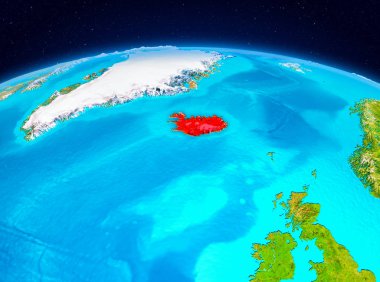 Planet Earth kırmızı vurgulanır İzlanda'daki uydu görüntüsü. 3D çizim. Nasa tarafından döşenmiş bu görüntü unsurları.