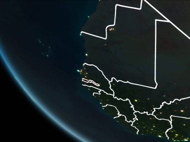 Sınır çizgileri ve şehir ışıkları ile gece red Planet Earth vurgulanmış Gambiya uydu görünümü. 3D çizim. Nasa tarafından döşenmiş bu görüntü unsurları.