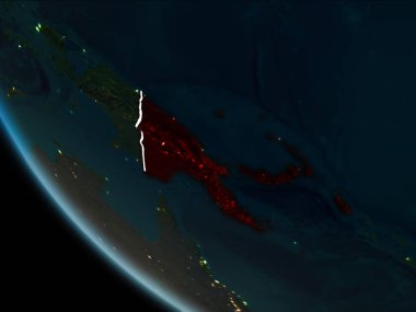 Uydu görünümü, Papua Yeni Gine sınır çizgileri ve şehir ışıkları ile gece Planet Earth kırmızı vurgulanır. 3D çizim. Nasa tarafından döşenmiş bu görüntü unsurları.