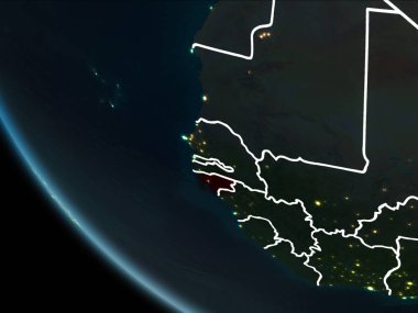 Gine-Bissau sınır çizgileri ve şehir ışıkları ile gece red Planet Earth vurgulanmış uydu görünümü. 3D çizim. Nasa tarafından döşenmiş bu görüntü unsurları.
