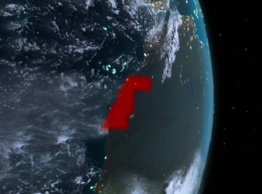 Batı Sahra bulutlar çok detaylı yüzey dokuları ile gece ile Dünya gezegeninin yörüngeden. 3D çizim. Nasa tarafından döşenmiş bu görüntü unsurları.