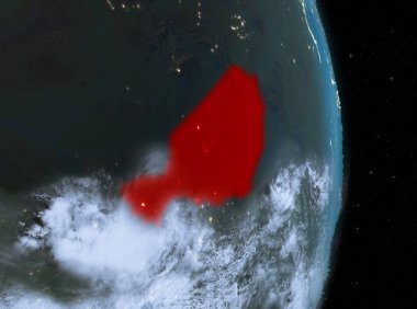 Nijer bulutlar çok detaylı yüzey dokuları ile gece ile Dünya gezegeninin yörüngeden. 3D çizim. Nasa tarafından döşenmiş bu görüntü unsurları.