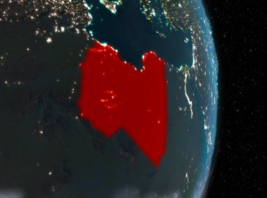 Libya ile son derece detaylı yüzey dokuları ile gece bulutlar Dünya gezegeninin yörüngeden. 3D çizim. Nasa tarafından döşenmiş bu görüntü unsurları.