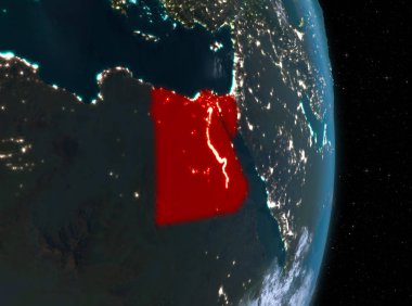 Mısır'dan bulutlar çok detaylı yüzey dokuları ile gece ile Dünya gezegeninin yörüngesinde. 3D çizim. Nasa tarafından döşenmiş bu görüntü unsurları.