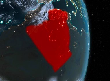 Cezayir ile son derece detaylı yüzey dokuları ile gece bulutlar Dünya gezegeninin yörüngeden. 3D çizim. Nasa tarafından döşenmiş bu görüntü unsurları.