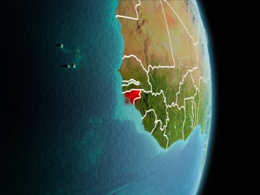 Uydu sabah görünümü Gine-Bissau Planet Earth görünür kenarlık çizgileri ve şehir ışıkları kırmızı vurgulanır. 3D çizim. Nasa tarafından döşenmiş bu görüntü unsurları.