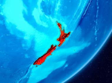 Yeni gezegeni uzaydan görüldüğü gibi Zelanda haritası. 3D çizim. Nasa tarafından döşenmiş bu görüntü unsurları.