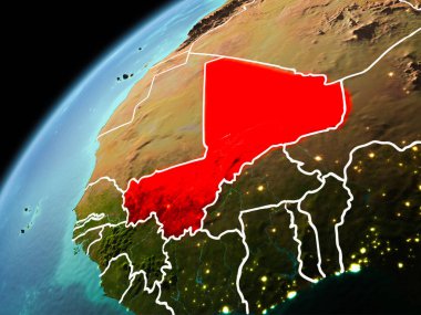 Dünya yörüngesi görünür kenarlık çizgisi ve şehir ışıkları ile akşam geç görüldüğü gibi Mali Illustration. 3D çizim. Nasa tarafından döşenmiş bu görüntü unsurları.