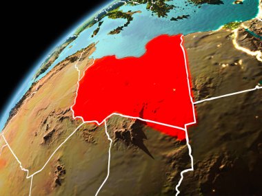 Dünya yörüngesi görünür kenarlık çizgisi ve şehir ışıkları ile akşam geç görülen Libya Illustration. 3D çizim. Nasa tarafından döşenmiş bu görüntü unsurları.