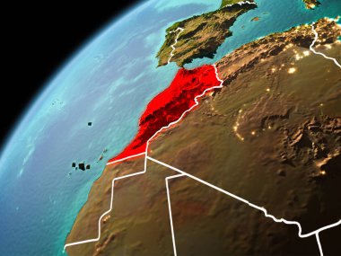 Dünya yörüngesi görünür kenarlık çizgisi ve şehir ışıkları ile akşam geç görüldüğü gibi Fas Illustration. 3D çizim. Nasa tarafından döşenmiş bu görüntü unsurları.