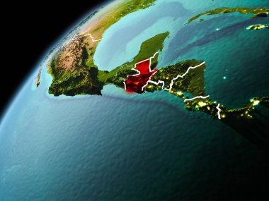 Dünya yörüngesi görünür kenarlık çizgisi ve şehir ışıkları ile akşam geç görülen Guatemala Illustration. 3D çizim. Nasa tarafından döşenmiş bu görüntü unsurları.