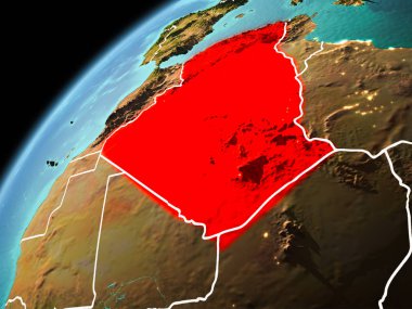 Dünya yörüngesi görünür kenarlık çizgisi ve şehir ışıkları ile akşam geç görülen Cezayir Illustration. 3D çizim. Nasa tarafından döşenmiş bu görüntü unsurları.