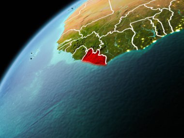 Dünya yörüngesi görünür kenarlık çizgisi ve şehir ışıkları ile akşam geç görülen Liberya Illustration. 3D çizim. Nasa tarafından döşenmiş bu görüntü unsurları.