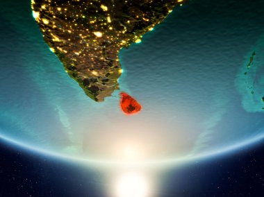 Sunrise son derece detaylı yüzey dokuları ve görünür ülke sınırları ile Dünya gezegeninin yörüngeden Sri Lanka. 3D çizim. Nasa tarafından döşenmiş bu görüntü unsurları.