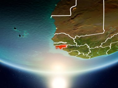 Gine-Bissau Sunrise son derece detaylı yüzey dokuları ve görünür ülke sınırları ile Dünya gezegeninin yörüngeden. 3D çizim. Nasa tarafından döşenmiş bu görüntü unsurları.