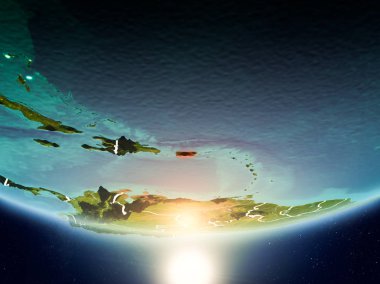 Sunrise son derece detaylı yüzey dokuları ve görünür ülke sınırları ile Dünya gezegeninin yörüngeden Puerto Rico. 3D çizim. Nasa tarafından döşenmiş bu görüntü unsurları.