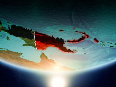 Papua Yeni Gine Sunrise son derece detaylı yüzey dokuları ve görünür ülke sınırları ile Dünya gezegeninin yörüngeden. 3D çizim. Nasa tarafından döşenmiş bu görüntü unsurları.