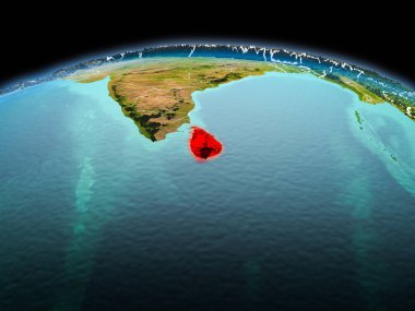 Sabah yukarıda Sri Lanka modeli görünür kenarlık çizgisi ve şehir ışıkları ile uzayda Dünya gezegeninin bir kırmızı vurgulanır. 3D çizim. Nasa tarafından döşenmiş bu görüntü unsurları.