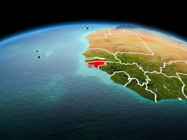 Sabah yukarıda Gine-Bissau modeli görünür kenarlık çizgisi ve şehir ışıkları ile uzayda Dünya gezegeninin bir kırmızı vurgulanır. 3D çizim. Nasa tarafından döşenmiş bu görüntü unsurları.