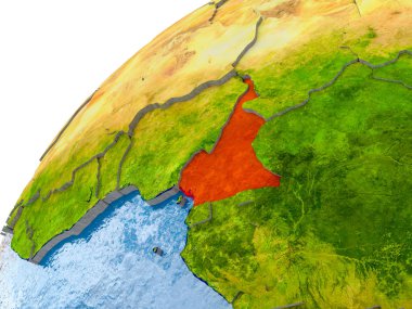 Kamerun görünür ülke sınırları ve gerçekçi su okyanuslardaki basit dünya üzerinde. 3D çizim. Nasa tarafından döşenmiş bu görüntü unsurları.