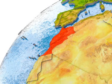 Fas ile görünür ülke sınırları ve gerçekçi su okyanuslardaki basit dünya üzerinde. 3D çizim. Nasa tarafından döşenmiş bu görüntü unsurları.