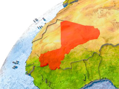 Mali görünür ülke sınırları ve gerçekçi su okyanuslardaki basit dünya üzerinde. 3D çizim. Nasa tarafından döşenmiş bu görüntü unsurları.