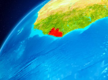 Yörünge görünümü Liberya Planet Earth kırmızı vurgulanır. 3D çizim. Nasa tarafından döşenmiş bu görüntü unsurları.