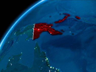 Papua Yeni Gine Dünya yörüngesine kırmızıdan görünür ülke sınırları ile gece vurgulanmış. 3D çizim. Nasa tarafından döşenmiş bu görüntü unsurları.