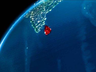 Sri Lanka Dünya yörüngesine kırmızıdan görünür ülke sınırları ile gece vurgulanmış. 3D çizim. Nasa tarafından döşenmiş bu görüntü unsurları.