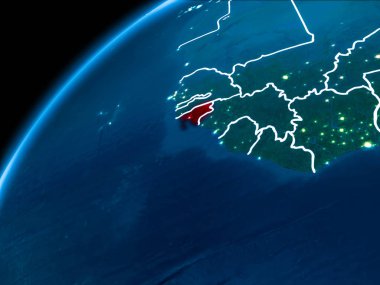 Gine Bissau Dünya yörüngesine kırmızıdan görünür ülke sınırları ile gece vurgulanmış. 3D çizim. Nasa tarafından döşenmiş bu görüntü unsurları.