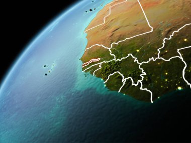 Dünya yörüngesi görünür kenarlık çizgisi ve şehir ışıkları ile akşam geç görülen Gambiya Illustration. 3D çizim. Nasa tarafından döşenmiş bu görüntü unsurları.
