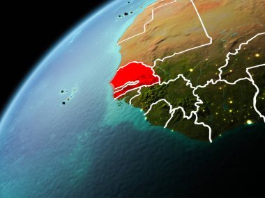 Dünya yörüngesi görünür kenarlık çizgisi ve şehir ışıkları ile akşam geç görülen Senegal Illustration. 3D çizim. Nasa tarafından döşenmiş bu görüntü unsurları.