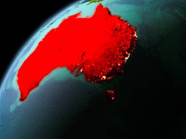 Dünya yörüngesi görünür kenarlık çizgisi ve şehir ışıkları ile akşam geç görüldüğü gibi Avustralya Illustration. 3D çizim. Nasa tarafından döşenmiş bu görüntü unsurları.