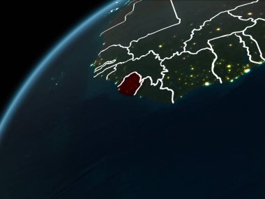 Sierra Leone kırmızı Planet Earth görünür sınır çizgileri ve şehir ışıkları ile gece. 3D çizim. Nasa tarafından döşenmiş bu görüntü unsurları.