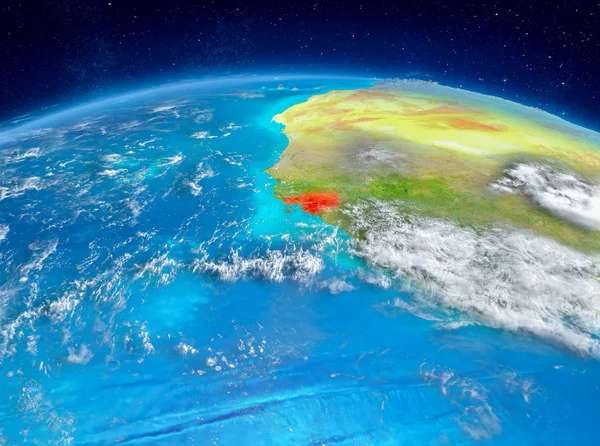 Yörünge görünümü Gine-Bissau Planet Earth son derece detaylı yüzey dokuları ile kırmızı vurgulanır. 3D çizim. Nasa tarafından döşenmiş bu görüntü unsurları.