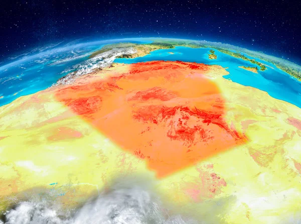 Yörünge görünümü Cezayir Planet Earth son derece detaylı yüzey dokuları ile kırmızı vurgulanır. 3D çizim. Nasa tarafından döşenmiş bu görüntü unsurları.