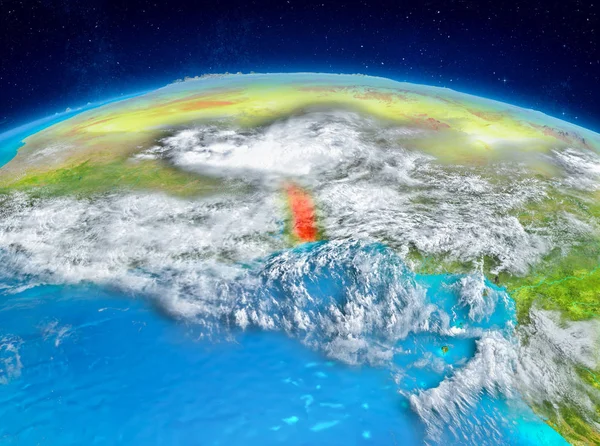 Yörünge görünümü Togo Planet Earth son derece detaylı yüzey dokuları ile kırmızı vurgulanır. 3D çizim. Nasa tarafından döşenmiş bu görüntü unsurları.