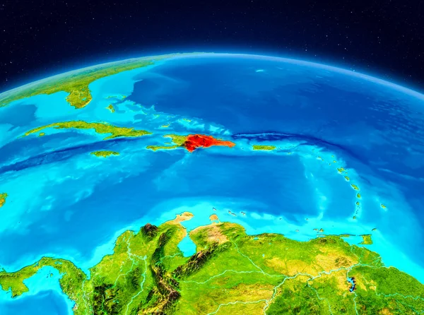 Satellitenbild Der Dominikanischen Republik Rot Hervorgehoben Auf Dem Planeten Erde — Stockfoto