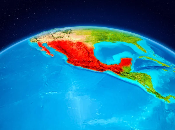 Satellite view of Mexico highlighted in red on planet Earth. 3D illustration. Elements of this image furnished by NASA.