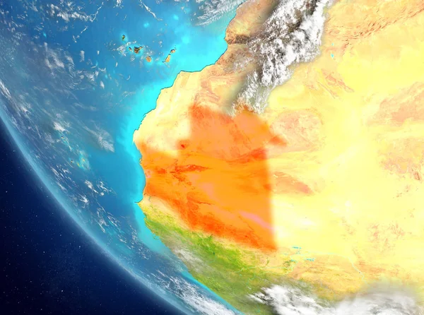 Moritanya son derece detaylı yüzey dokuları ile Dünya gezegeninin yörüngeden. 3D çizim. Nasa tarafından döşenmiş bu görüntü unsurları.