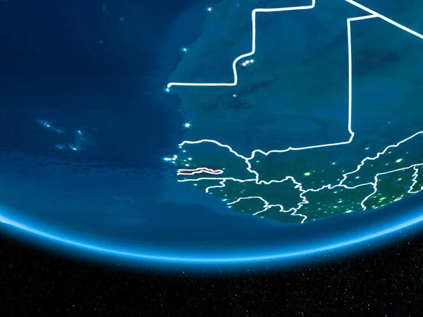 Gambiya kırmızı görünür ülke sınırları ve şehir ışıkları gece uzaydan. 3D çizim. Nasa tarafından döşenmiş bu görüntü unsurları.